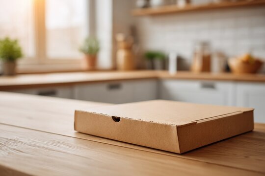 Warm sunlight illuminates cozy kitchen, highlighting pizza box o