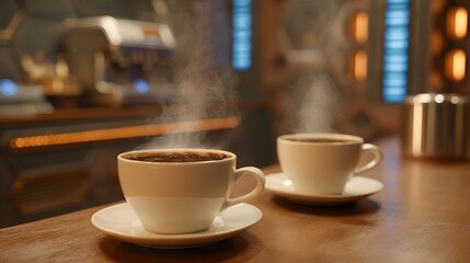 Fototapeta premium Two steaming cups of hot coffee on a wooden counter in a modern cafe lounge with a subtle futuristic ambiance