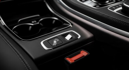 Naklejka premium Automotive Interior Detail: Modern Car Console With Smart Features and Cup Holders