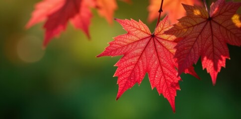 Starburst red sweetgum leaves, soft green bokeh, natural, copy space, autumn leaves