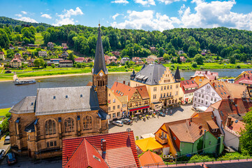 Town square and church in Stadt Wehlen by the Elbe river on a sunny day