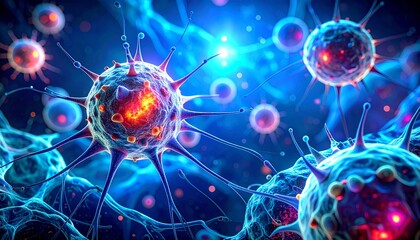 Abstract 3D rendering of glowing microscopic pathogens in vibrant blue scientific background