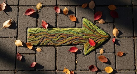 Autumnal Arrow Adorned With Colorful Fallen Leaves on Brick Pavement Outdoors