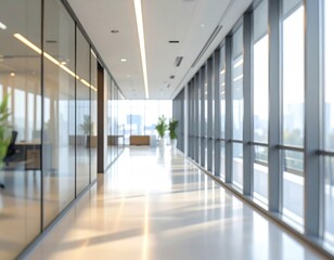 Blurred office corridor with glass walls, light, & city view