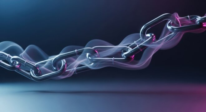 Minimal blockchain chain-links floating in premium futuristic haze.