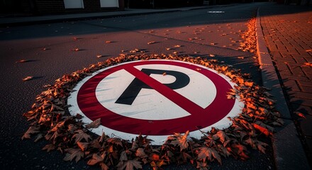Autumnal Roadside No Parking Sign Covered in Fallen Leaves During Sunset
