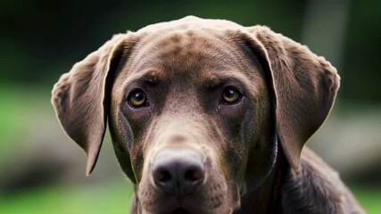 Close-up of a brown dog with a focused gaze in an out-of-focus background, for animal compassion