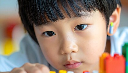 Focused Young Asian Boy Concentrating While Playing with Colorful Construction Blocks