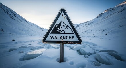 Avalanche Warning Sign In Winter Landscape Displays Danger To Travelers And Visitors