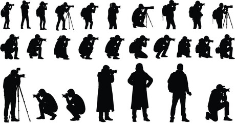 Photographer silhouette set featuring men taking photos with cameras and tripods in various poses vector illustration.