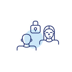 Man and woman in conversation and lock. Secure collaboration, trusted dialogue. Pixel perfect, editable stroke vector icon