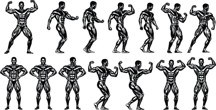 Muscular male bodybuilder silhouette set vector illustration featuring various posing angles for gym sport and workout fitness logo design.