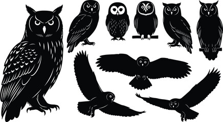 Set of owl silhouettes vector illustration collection featuring flying and perched birds for Halloween decoration and logo design.