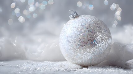 White ornament with a silver ball on top sits on a white background. The ornament is surrounded by snow, giving it a wintery and festive feel