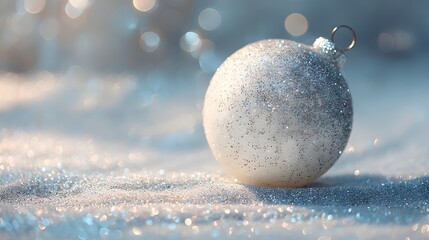 White and silver Christmas ornament sits on a snowy surface. The ornament is surrounded by a lot of glitter, which adds to the festive atmosphere of the scene. Concept of joy and celebration