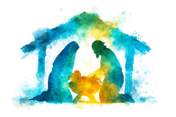 This beautiful watercolor showcases the Holy Family with baby Jesus in the manger, surrounded by Mary and Joseph in soft, blended colors