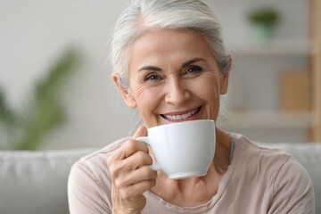 Portrait of happy mature woman drinking coffee or tea at home lifestyle