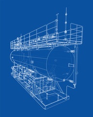 Industrial Tank Blueprint on Blue. Vector