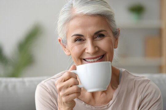 Portrait of happy mature woman drinking coffee or tea at home lifestyle - Powered by Adobe