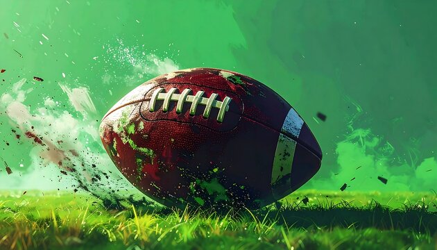 American football, vibrant grass field, splashed with color