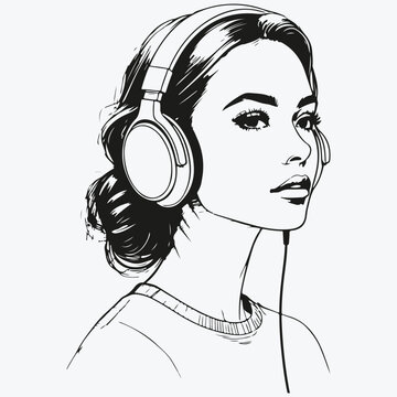 woman in headphones listen music sketch illustration vector