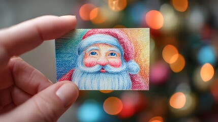 Hand holding a small drawing of Santa Claus. The drawing is colorful and has a festive mood