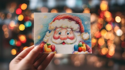 Hand holding a picture of Santa Claus. The picture is of a man holding a card with a drawing of Santa Claus on it. The card is decorated with colorful ornaments and has a festive feel to it