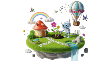 Whimsical Floating Island Garden with Robot, Mushroom House, and Rainbow fantasy