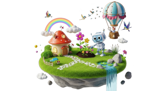 Whimsical Floating Island Garden with Robot, Mushroom House, and Rainbow fantasy - Powered by Adobe