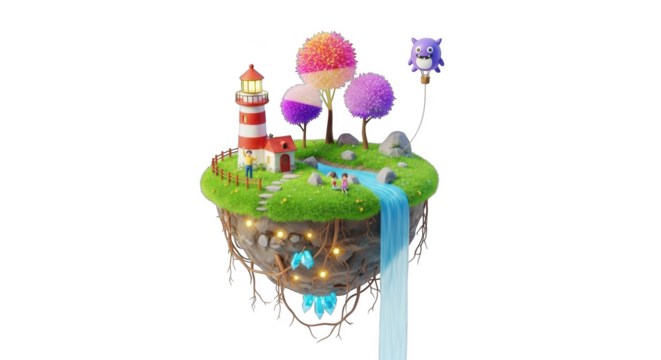 Whimsical floating island with a lighthouse, house, waterfall, and a friendly monster on a balloon Keywords: floating island, fantasy, whimsical, lighthouse