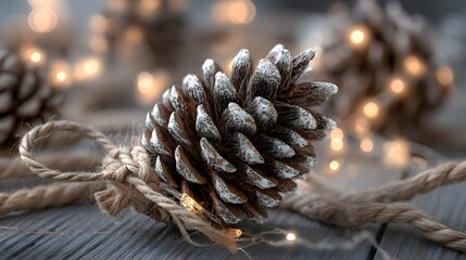Pine cone with white snow on it is the main focus of the image. The pine cone is surrounded by a rope and lights, creating a warm and cozy atmosphere