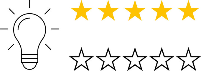 5 star rating and glowing bulb emphasizing ideas, reviews, feedback, innovation, goals. Creativity, teamwork, quality improvement evaluation user experience illustration