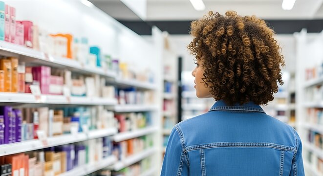 Young woman with curly hair exploring vibrant cosmetics and perfume store shelves, surrounded by colorful beauty products, showcasing a modern shopping experience and personal care choices