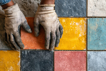 Hands of a skilled worker expertly placing colorful ceramic tiles on a concrete wall. The scene captures intricate details in a vibrant, creative environment