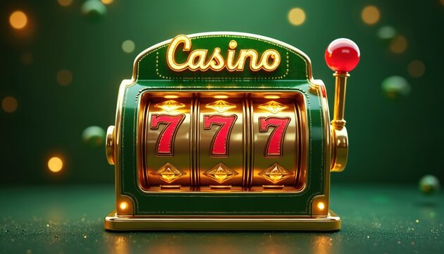 Green and gold casino slot machine with three red 7s aligned, ready for a jackpot win. This emblem of luck and fortune invites you to play a thrilling game of chance. - Powered by Adobe