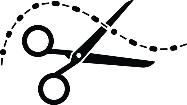 Vector illustration of black scissors cutting along dashed line, cutout symbol for coupon code, dotted border trim icon, stationery tool silhouette for craft design