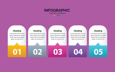 Modern infographic template with five numbered steps and colorful geometric shapes for business presentation or data visualization.
Colorful infographic template with five numbered steps and text boxe