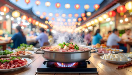 Steaming Hot Pot Feast Under Festive Lanterns in Bustling Asian Restaurant