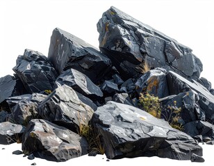 Pile of dark, jagged rocks with minimal vegetation
