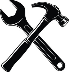 Vector illustration of crossed hammer and wrench tools, black and white silhouette icon for construction repair service, maintenance symbol logo design, industrial labor sign