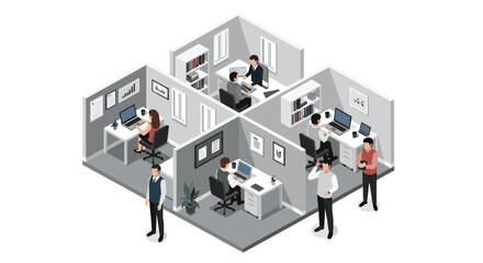 Dynamic open office layout design showcasing workplace collaboration and productivity, ideal for illustrating teamwork and a modern professional atmosphere