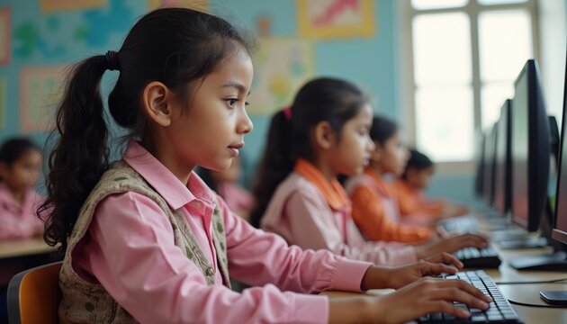 Young Indian girls focus on computer screens, typing on keyboards in classroom. Children learn digital skills, coding in tech lesson at school. Future tech education for youth.
