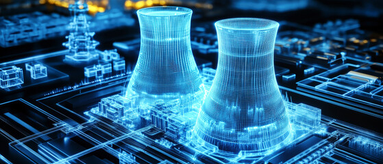 Blue glowing wireframe of a nuclear reactor and cooling towers floats above a power plant, highlighting advanced technology and sustainable energy concepts