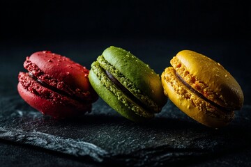 Three flavors of French macarons stacked together, a typical dessert with cream inside, image with copyspace