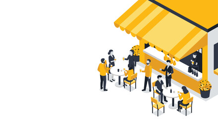 Isometric bar scene with people socializing outside under a yellow awning, ideal for summer promotions and vibrant event campaigns