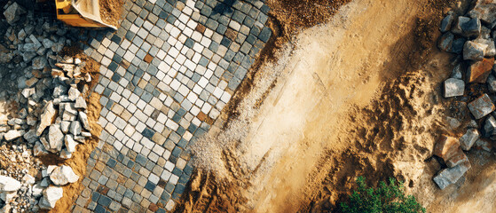 Construction progress showcases a cobblestone street with paving stones being laid, surrounded by scattered rocks and sand on a bright day