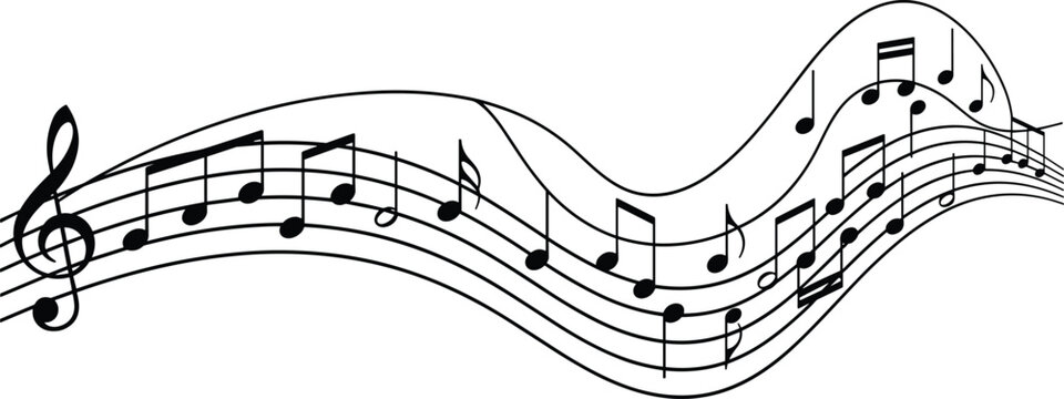 Vector illustration of musical notes wave on staff lines, black melody symbols for song composition, music background design, rhythm art element isolated on white