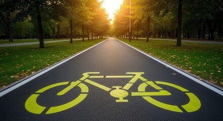 Bike Path Through Scenic Park at Sunrise With Bicycle Symbol for Healthy Activity