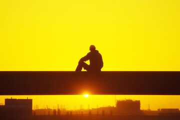 A construction worker sits on a steel beam, silhouetted against a stunning yellow sunset. The scene captures a moment of reflection at a bustling construction site