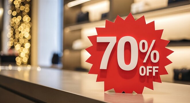 Bright red discount sign displaying 70% off, placed on a sleek counter in a retail store, with blurred festive decorations and lights creating a warm holiday atmosphere